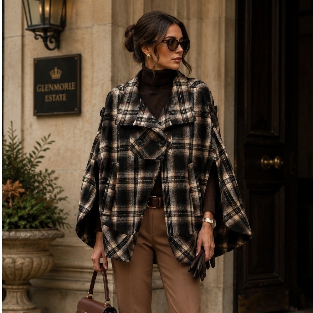 Ann Taylor LOFT Brown Black Plaid Cape Coat Double Breasted Poncho N/S